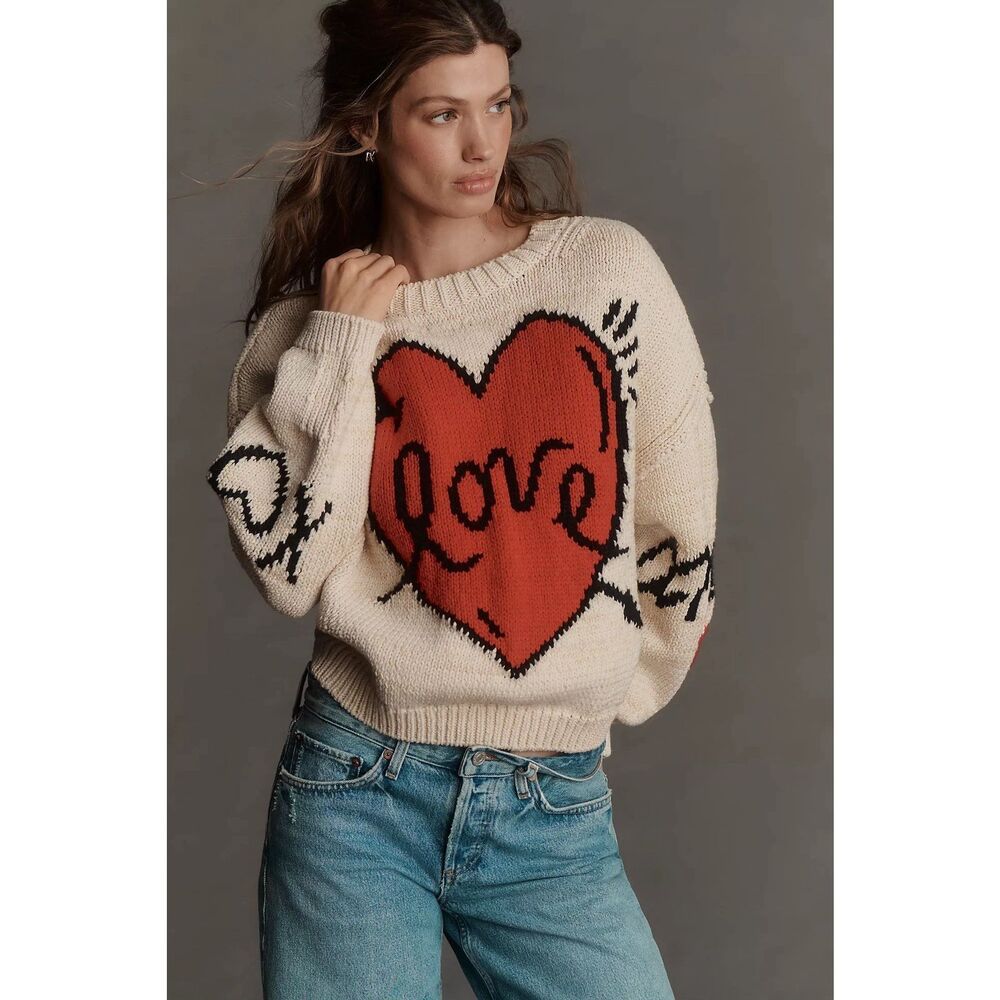 Anthropologie Maeve Lovestruck Long-Sleeve Crew-Neck Sweater